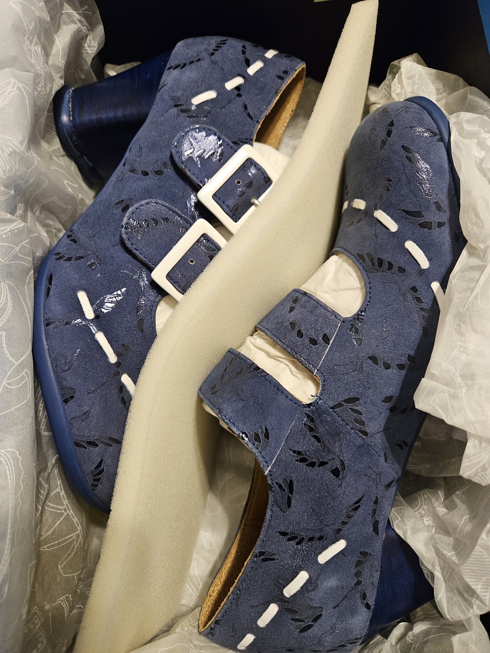 John Fluevog Blue Suede Cutout Buckle Mules with White Accents